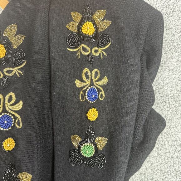 VTG  80s La Mittini Wool Angora Sweater L Black Floral Embroidered Beaded Retro - Picture 12 of 13